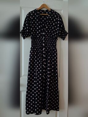 Kate & Lily Preppy Polka Dot Midi Dress Smocked Navy Cream Button Front Womens 8